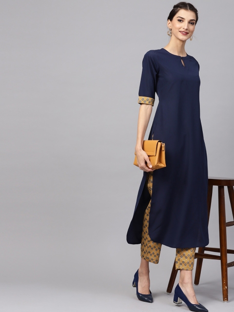 

Libas Women Navy Blue & Mustar Brown Solid Kurta with Trousers