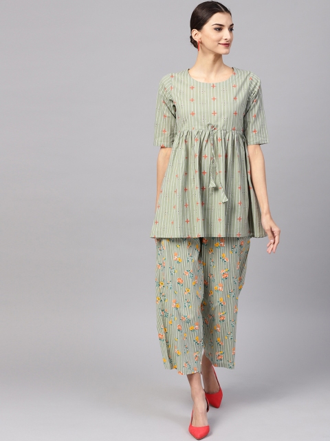 

Libas Women Green & White Printed Kurti with Palazzos