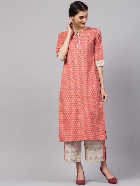 

Libas Women Coral Pink & Beige Printed Kurta with Palazzos