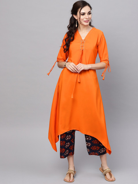 

Libas Women Orange & Navy Blue Solid Kurta with Palazzos