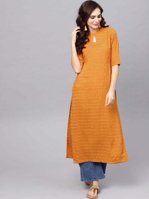 

Libas Women Mustard Yellow Striped Straight Kurta