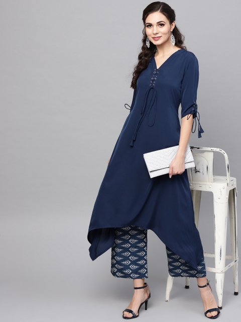 

Libas Women Navy Blue & Off-White Solid Kurta with Palazzos