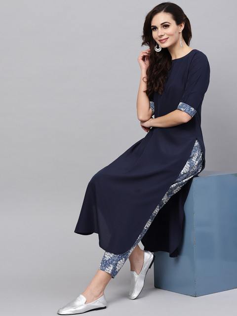 

Libas Women Navy Blue & White Solid Kurta with Trousers