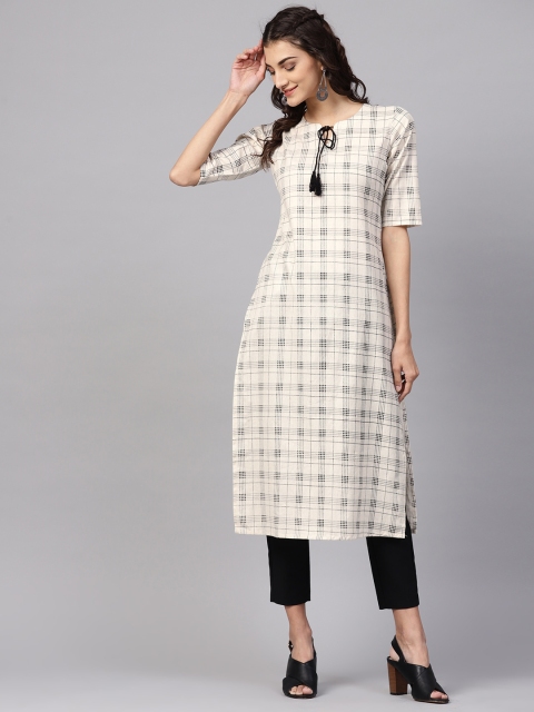 

Libas Women Off-White & Black Checked Straight Kurta