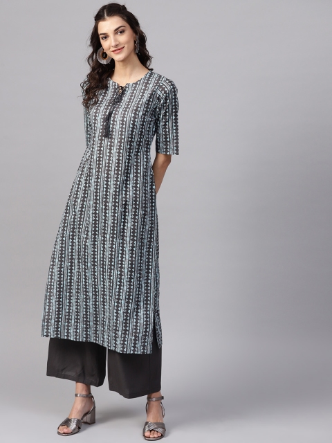 

Libas Women Blue & Charcoal Grey Printed Straight Kurta
