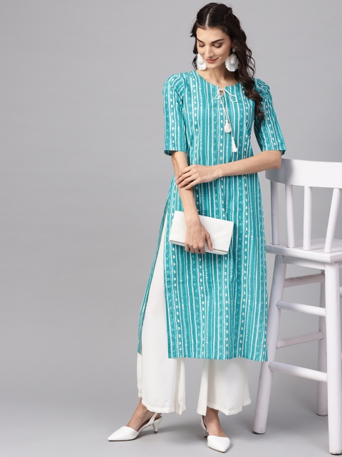 

Libas Women Blue & White Striped Straight Kurta