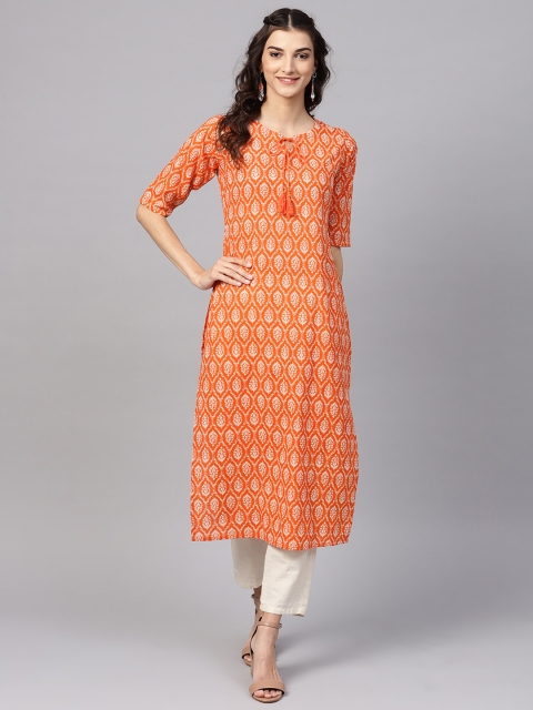 

Libas Women Orange & Cream-Coloured Printed Straight Kurta