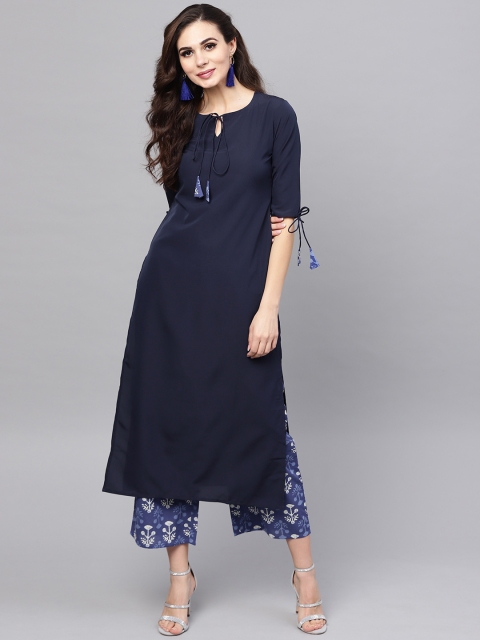 

Libas Women Navy Blue & White Solid Kurta with Palazzos