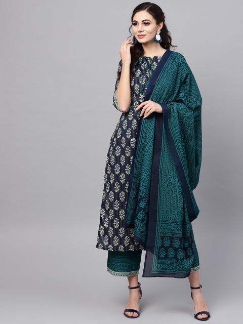 

Libas Women Navy Blue & Green Printed Kurta with Palazzos & Dupatta
