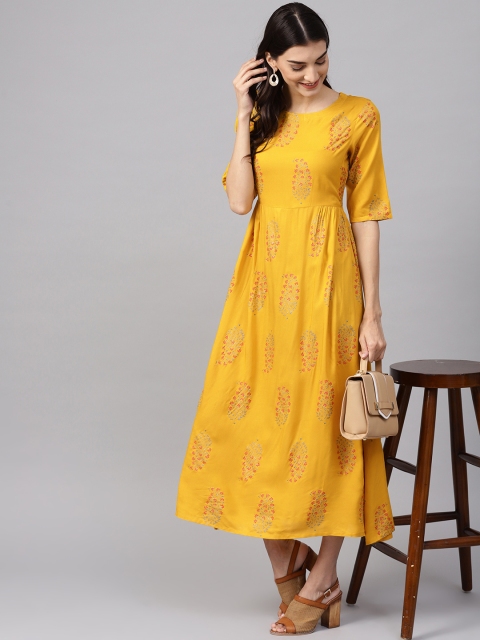 

Libas Women Mustard Yellow & Orange Block Print Maxi Dress