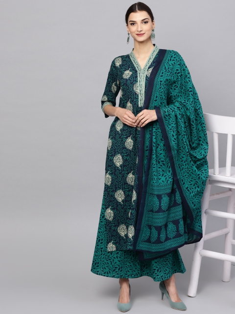 

Libas Women Navy Blue & Green Printed Kurta with Palazzos & Dupatta