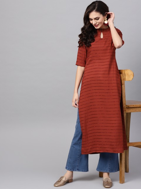 

Libas Women Rust Brown Striped Straight Kurta