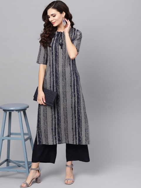 

Libas Women Navy Blue & Off-White Striped Printed Straight Kurta