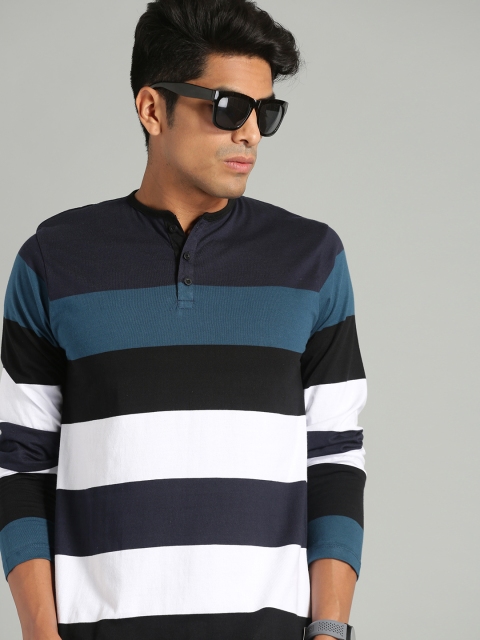 

Roadster Men Blue & White Striped Henley Neck T-shirt