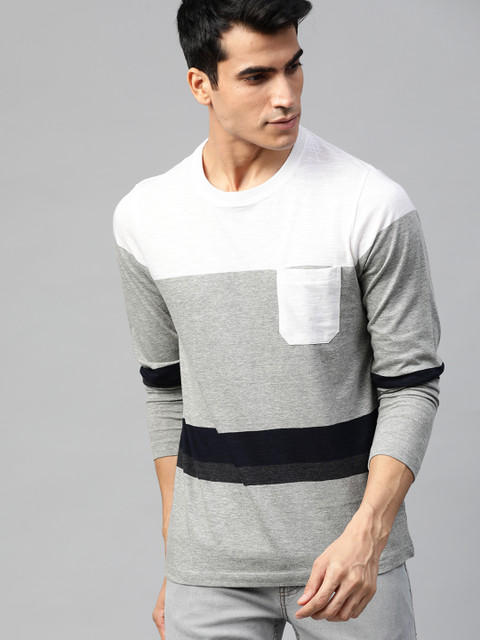 

Roadster Men Grey Melange & Off White Colourblocked Round Neck T-shirt