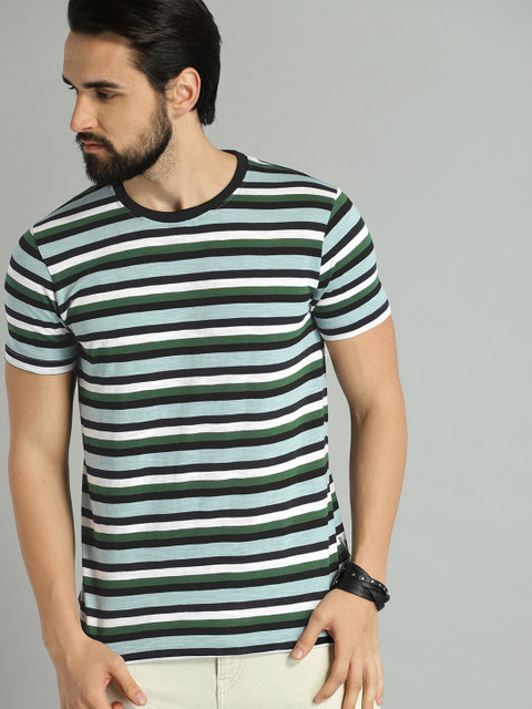 

Roadster Men Blue & Green Striped Round Neck T-shirt