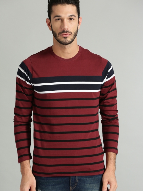 

Roadster Men Maroon & Black Striped Round Neck T-shirt
