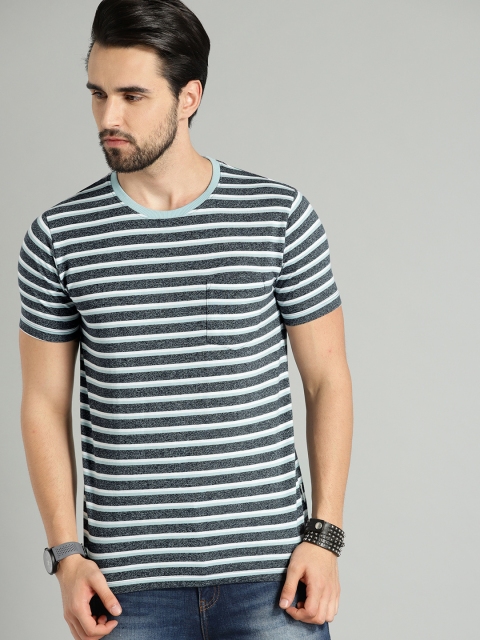 

Roadster Men Navy Blue & White Striped Round Neck T-shirt