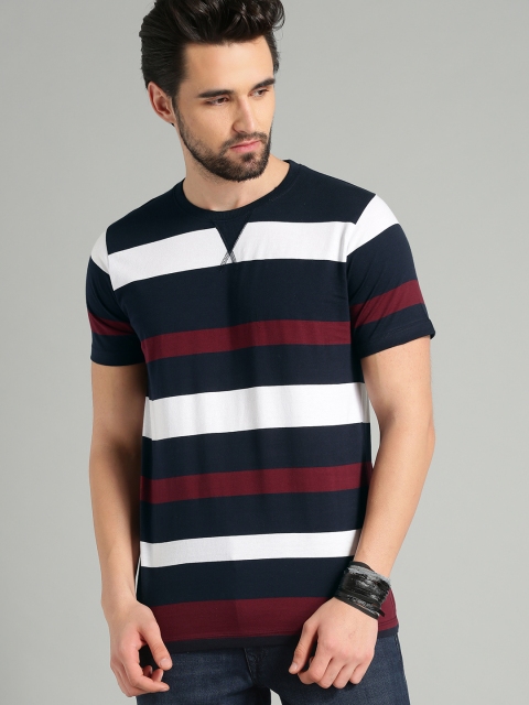 

Roadster Men Navy Blue & White Striped Round Neck T-shirt