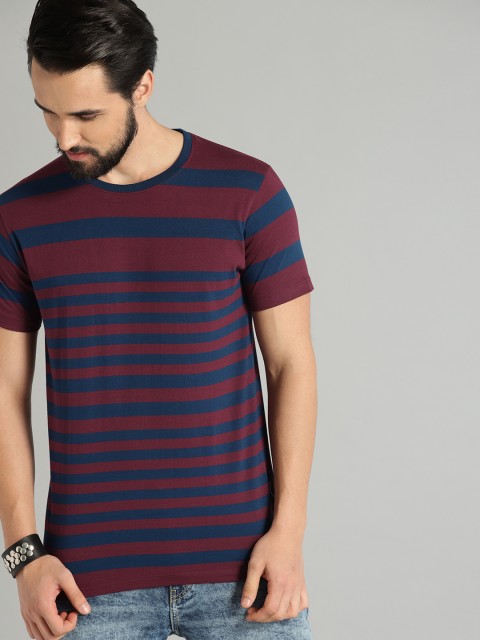 

Roadster Men Navy Blue & Maroon Striped Round Neck T-shirt