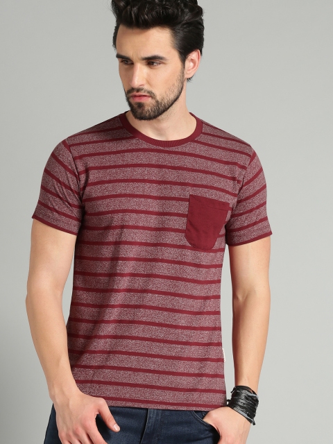 

Roadster Men Maroon Self-Striped Round Neck T-shirt