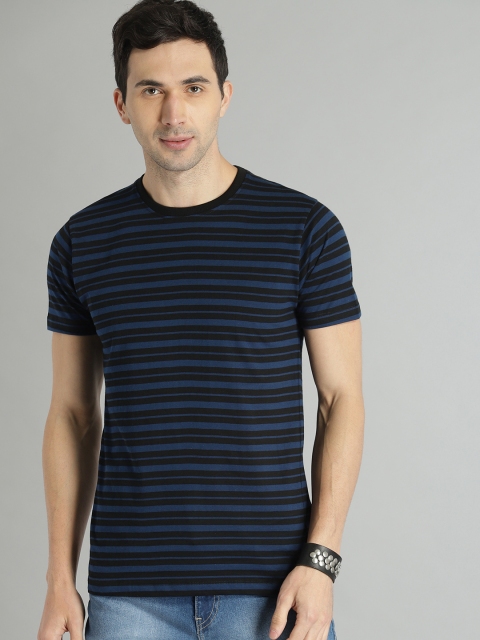 

The Roadster Lifestyle Co Men Navy Blue Striped Round Neck Pure Cotton T-shirt