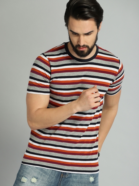

Roadster Men Grey & White Striped Round Neck T-shirt