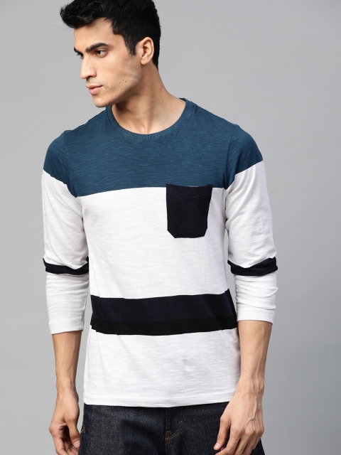 

Roadster Men White & Blue Colourblocked Round Neck T-shirt