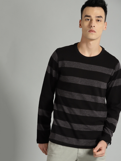 

Roadster Men Black & Charcoal Grey Striped Round Neck T-shirt