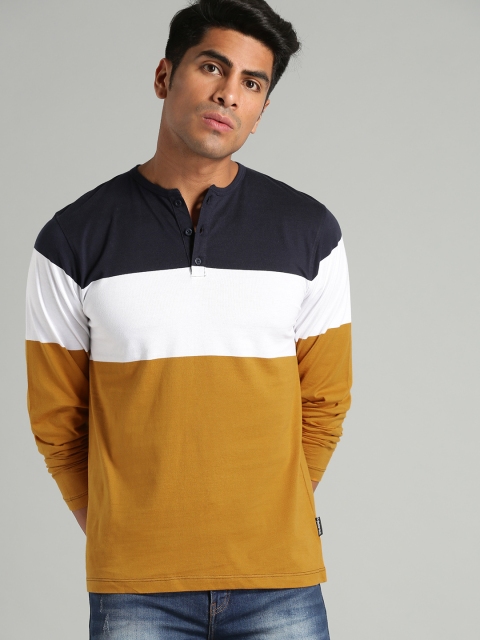 

Roadster Men Navy Blue & Mustard Yellow Colourblocked Henley Neck T-shirt