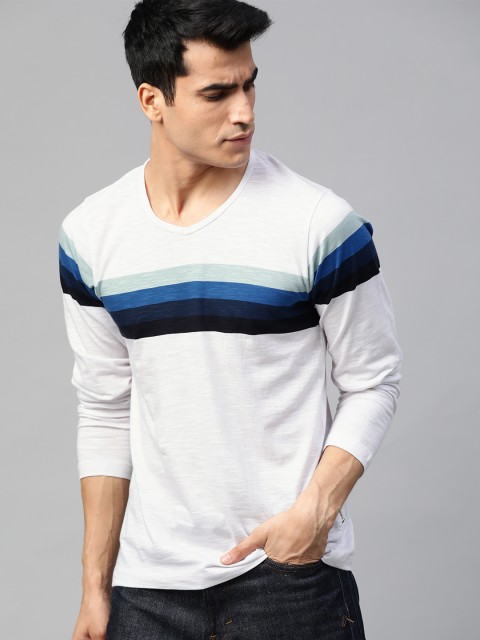 

Roadster Men White & Blue Striped Detail V-Neck T-shirt