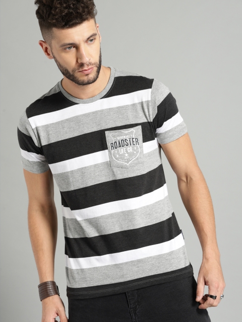 

Roadster Men Grey Striped Round Neck T-shirt