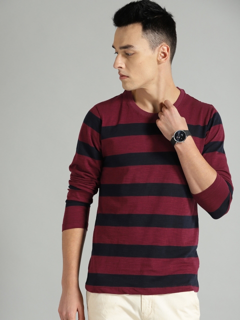 

Roadster Men Maroon & Navy Blue Striped Round Neck T-shirt