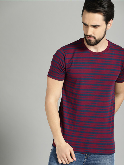 

The Roadster Lifestyle Co Men Navy Blue & Maroon Striped Round Neck T-shirt
