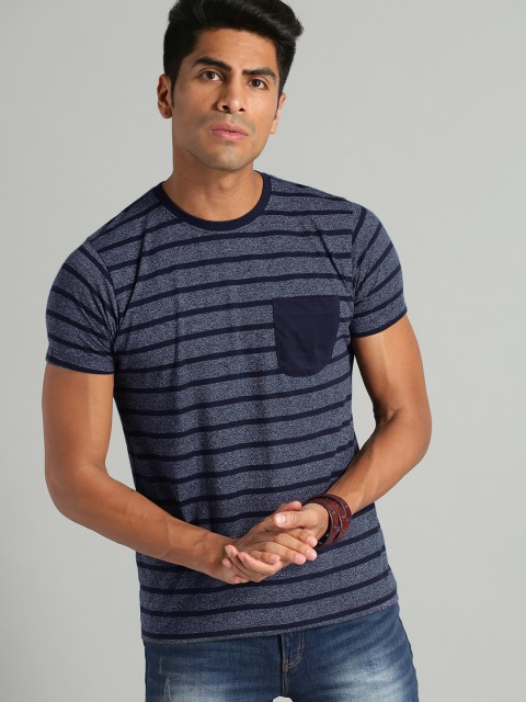 

Roadster Men Navy Blue Self-Striped Round Neck T-shirt