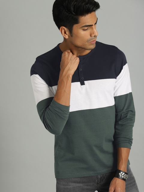 

Roadster Men Navy Blue & Green Colourblocked Henley Neck T-shirt