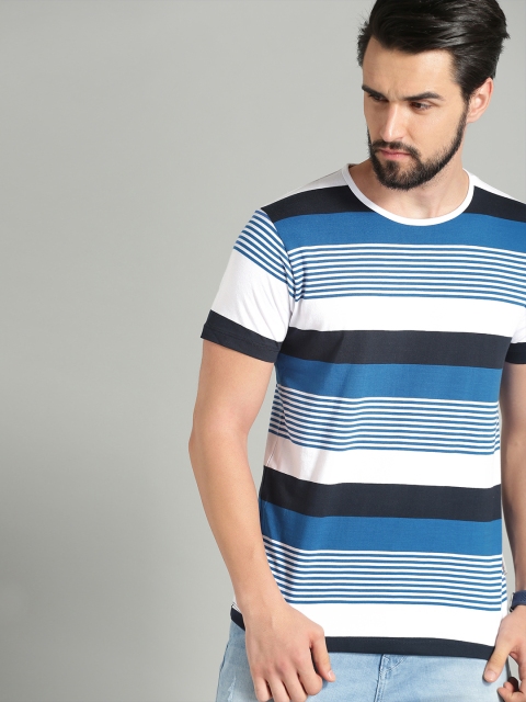 

Roadster Men White & Blue Striped Round Neck T-shirt