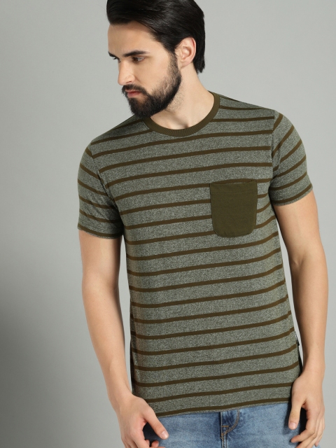 

Roadster Men Olive Green Striped Round Neck T-shirt