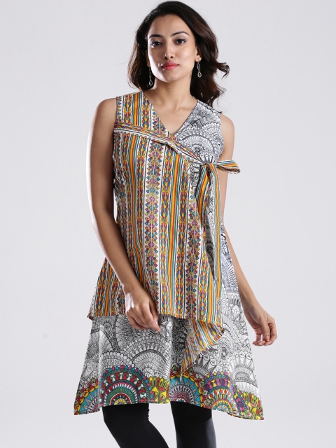 

IMARA Fusion White & Black Printed Asymmetric A-Line Kurta