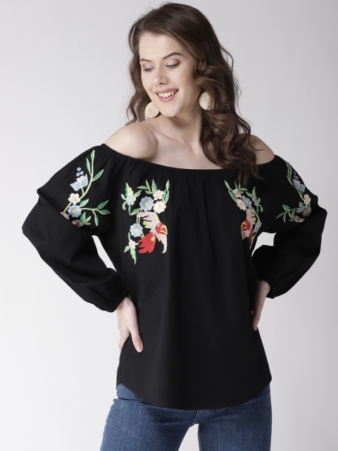 

MIWAY Women Black Solid Bardot Top with Embroidered Detail