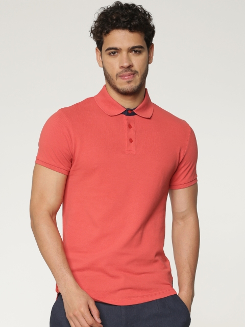 

ONLY & SONS Men Coral Pink Solid Polo Collar T-shirt