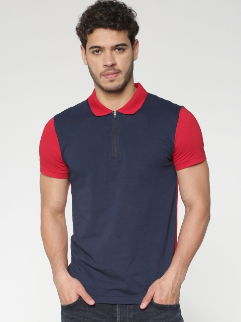 

ONLY & SONS Men Navy Blue & Red Colourblocked Polo Collar T-shirt