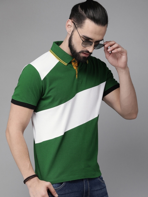 

Roadster Men Green & White Colourblocked Polo Collar T-shirt