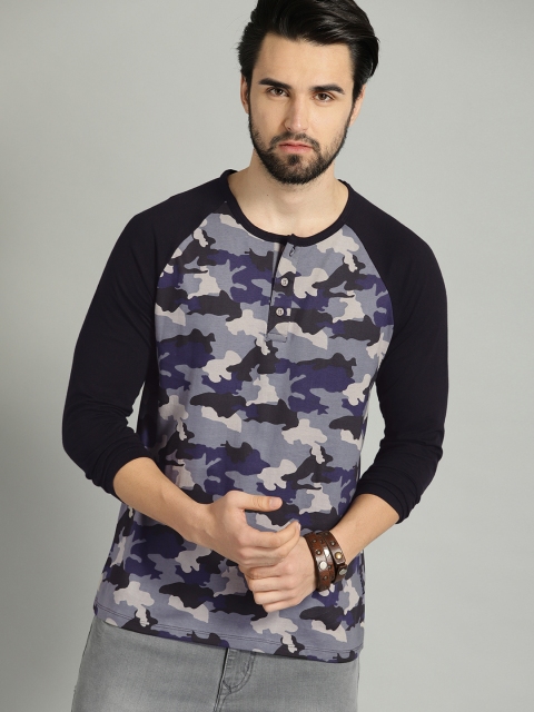 

The Roadster Lifestyle Co Men Black Printed Henley Neck Pure Cotton T-shirt