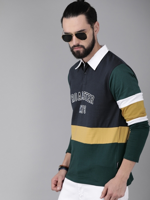 

Roadster Men Green & Navyblue Colourblocked Polo Collar T-shirt