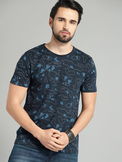 

Roadster Men Navy Printed Round Neck T-shirt, Navy blue