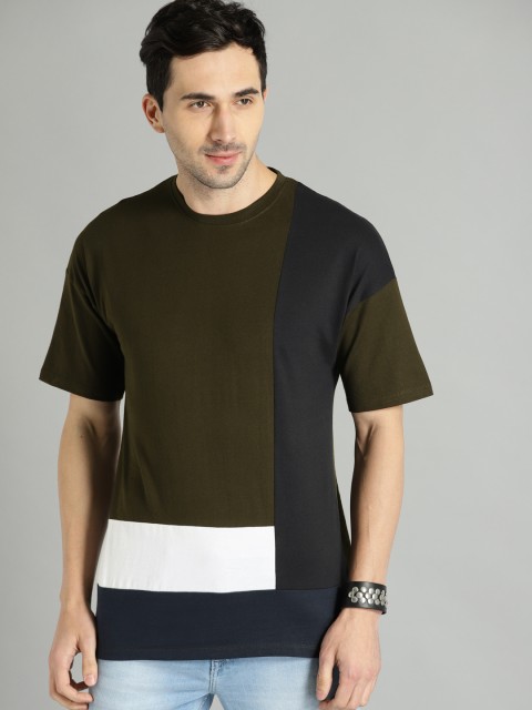 

Roadster Men Olive Green & Navy Blue Colourblocked Round Neck T-shirt