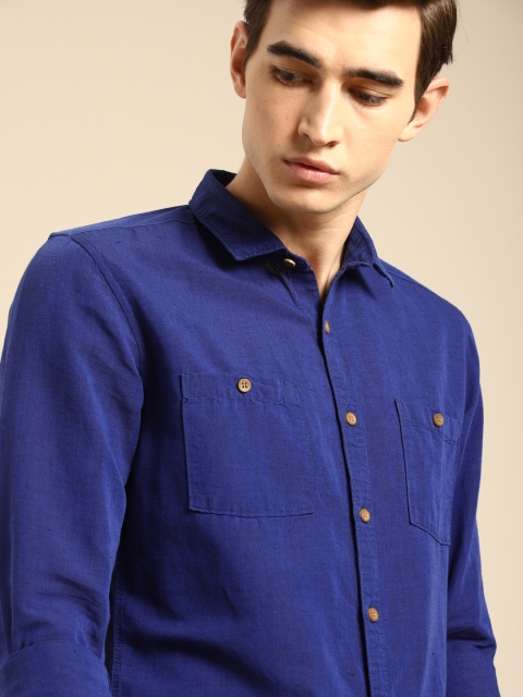 

ether Men Blue Regular Fit Solid Cotton Linen Casual Shirt