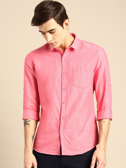 

ether Men Pink Regular Fit Solid Cotton Linen Casual Shirt