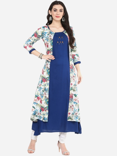 

YASH GALLERY Women White & Blue Floral Print A-Line Kurta